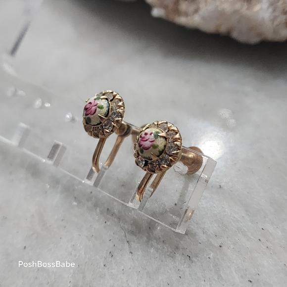 Vintage Floral Porcelain Screw Back Earrings | Rhinestone Gold Tone - Picture 10 of 13